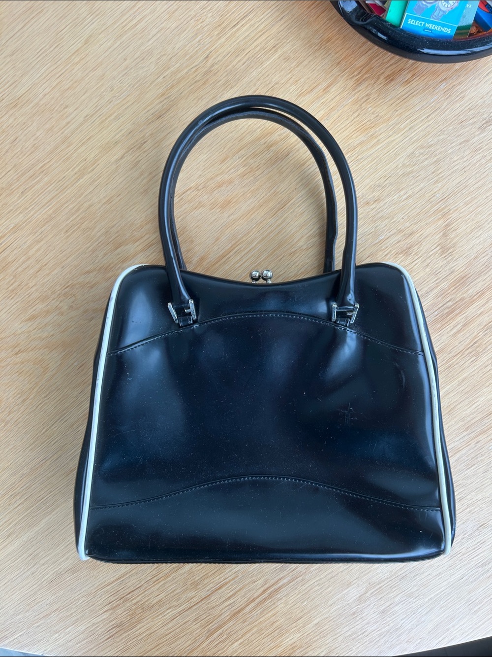 GUESS Retro Structured Black Top-Handle Bag with White Trim